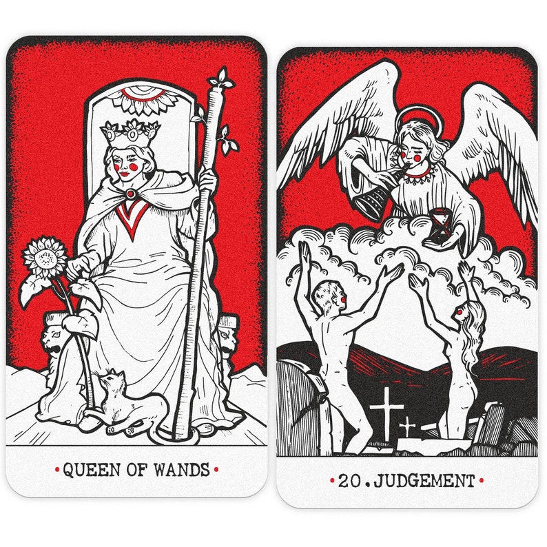 Puede incluir: Dos cartas de tarot, Reina de Varitas y Juicio, con fondos rojos e ilustraciones en blanco y negro. La carta de la Reina de Varitas representa a una mujer con una corona y un bast&oacute;n, sentada en un trono. La carta del Juicio representa a un &aacute;ngel con alas, tocando una trompeta, y un hombre y una mujer que salen de tumbas.