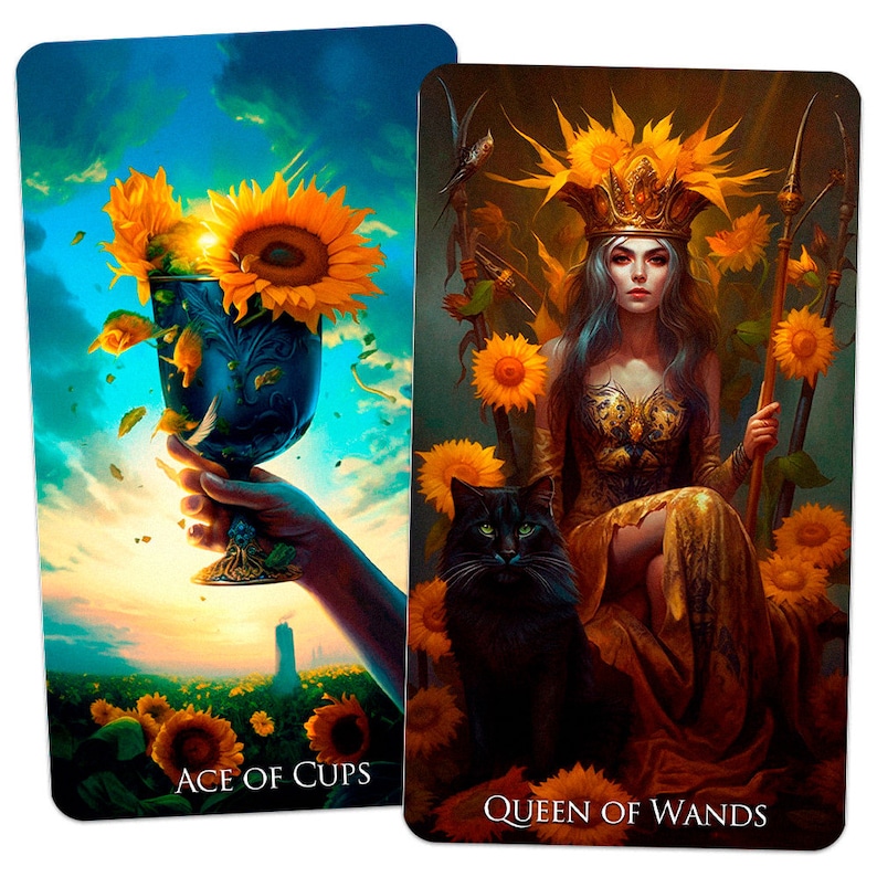 May include: Two tarot cards. The Ace of Cups card shows a hand holding a blue chalice overflowing with sunflowers. The Queen of Wands card depicts a woman in a golden gown with a black cat, surrounded by sunflowers. The cards have a fantasy art style.