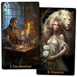 Puede incluir: Dos cartas de tarot, El Mago y la Fuerza. La carta del Mago representa a un hombre en una habitaci&oacute;n oscura con velas y una copa de vino. La carta de la Fuerza muestra a una mujer con una corona de flores y un le&oacute;n blanco.