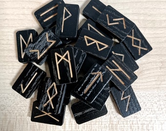 Black Ash Wooden Runic Set, 25 pcs with velvet pouch | Wood Runes Elder Futhark