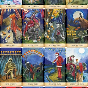 May include: A tarot card deck featuring watercolor illustrations of the Cups suit. Each card depicts a unique scene with figures and symbols, including a crow, skeletons, and a figure in a Santa Claus suit. The cards have a red border and the word "CUPS" at the top.