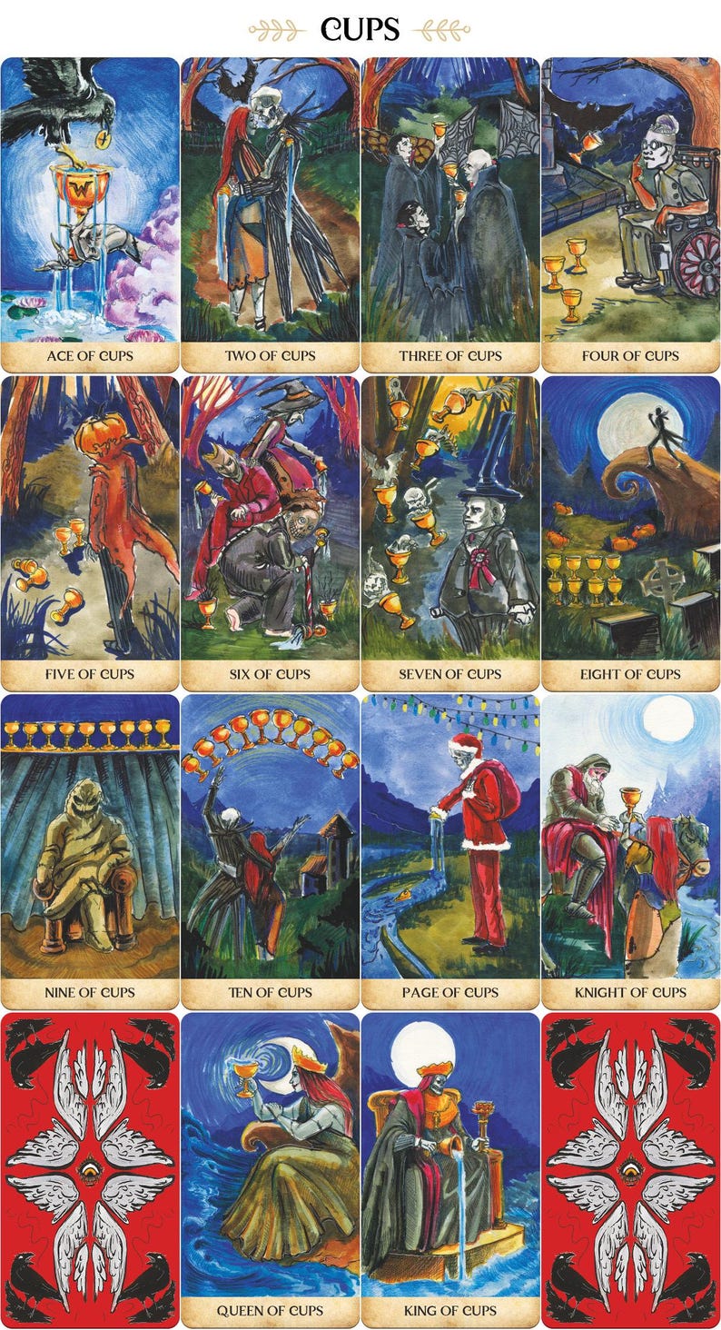 May include: A tarot card deck featuring watercolor illustrations of the Cups suit. Each card depicts a unique scene with figures and symbols, including a crow, skeletons, and a figure in a Santa Claus suit. The cards have a red border and the word "CUPS" at the top.