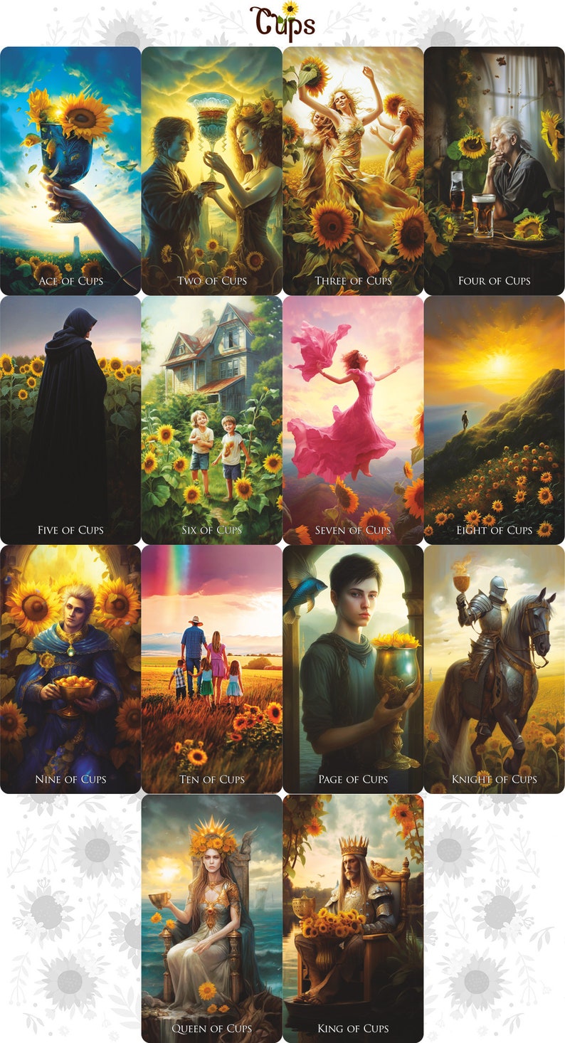 May include: A tarot deck featuring the Cups suit, with each card depicting a scene with sunflowers. The cards include Ace, Two, Three, Four, Five, Six, Seven, Eight, Nine, Ten, Page, Knight, Queen, and King of Cups.