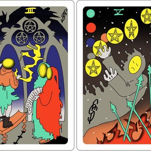 May include: Two tarot cards, the Three of Pentacles and the Three of Swords. The Three of Pentacles card shows two figures in a gothic archway, one holding a yellow lightning bolt. The Three of Swords card shows a figure falling with three swords piercing them, surrounded by yellow stars.