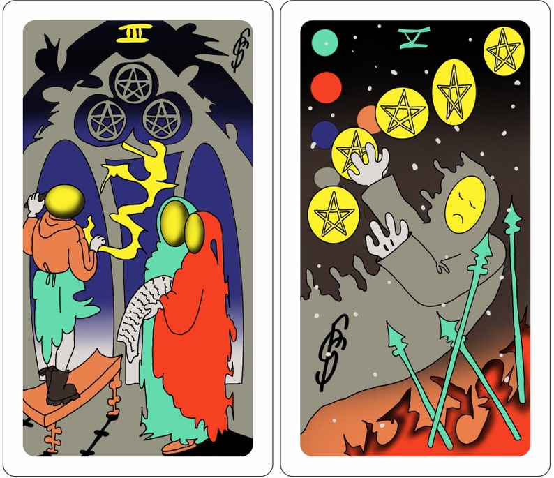 May include: Two tarot cards, the Three of Pentacles and the Three of Swords. The Three of Pentacles card shows two figures in a gothic archway, one holding a yellow lightning bolt. The Three of Swords card shows a figure falling with three swords piercing them, surrounded by yellow stars.