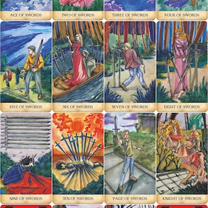 May include: A set of tarot cards featuring the Swords suit. Each card has a unique watercolor illustration with titles like "Ace of Swords," "Two of Swords," and "King of Swords." The cards have a red border and a detailed back design.
