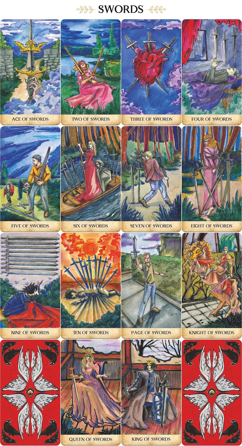 May include: A set of tarot cards featuring the Swords suit. Each card has a unique watercolor illustration with titles like "Ace of Swords," "Two of Swords," and "King of Swords." The cards have a red border and a detailed back design.