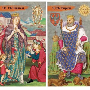 May include: Two tarot cards featuring illustrations. The first card, "III The Empress," depicts a woman in a crown and flowing gown, with figures and a town in the background. The second card, "IV The Emperor," shows a crowned man seated, holding a scepter, with lions at his feet.
