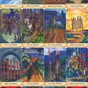 May include: A set of tarot cards featuring the suit of Wands. Each card depicts a scene with figures and wands, with titles like "Ace of Wands" and "King of Wands." The cards have a vintage, illustrated style with a red backing.