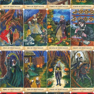 May include: A collection of tarot cards featuring the Pentacles suit. Each card displays detailed illustrations with figures, landscapes, and symbols. The cards are in a vertical arrangement, with the title "PENTACLES" at the top.