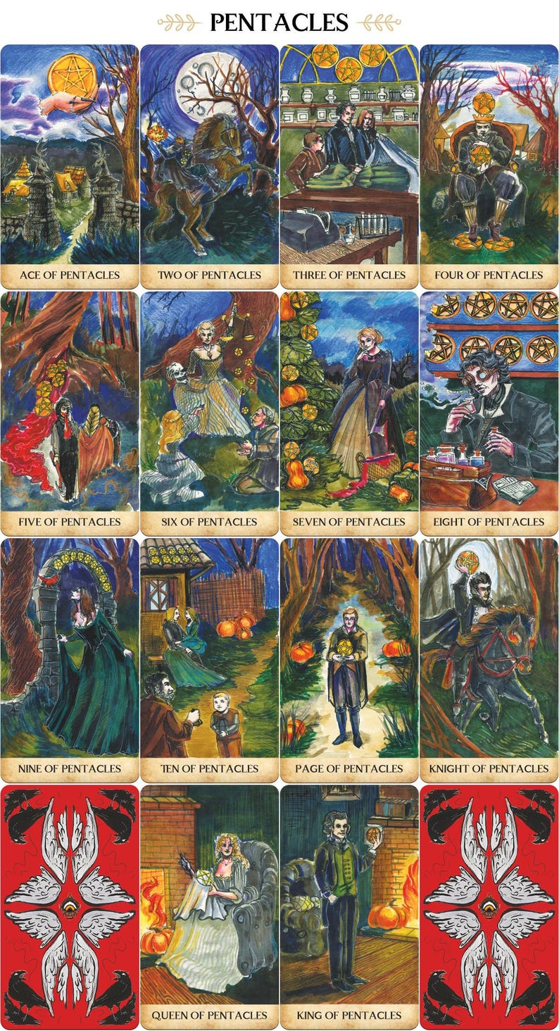 May include: A collection of tarot cards featuring the Pentacles suit. Each card displays detailed illustrations with figures, landscapes, and symbols. The cards are in a vertical arrangement, with the title "PENTACLES" at the top.