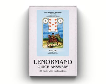 May include: A white deck of Lenormand Quick Answers cards featuring 36 cards with explanations. The front of the box displays a Rider card with a horse and rider illustration, the number 1, and text including News, messages, movement, and Timing: SOON.