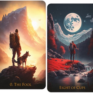 Puede incluir: Dos cartas de tarot, "El Loco" y "Ocho de Copas". La carta del Loco representa a una persona con una mochila y un perro caminando hacia una cordillera al atardecer. La carta Ocho de Copas muestra a una persona alej&aacute;ndose de un cuerpo de agua con una luna llena en el cielo.