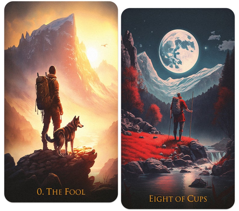 Puede incluir: Dos cartas de tarot, "El Loco" y "Ocho de Copas". La carta del Loco representa a una persona con una mochila y un perro caminando hacia una cordillera al atardecer. La carta Ocho de Copas muestra a una persona alej&aacute;ndose de un cuerpo de agua con una luna llena en el cielo.
