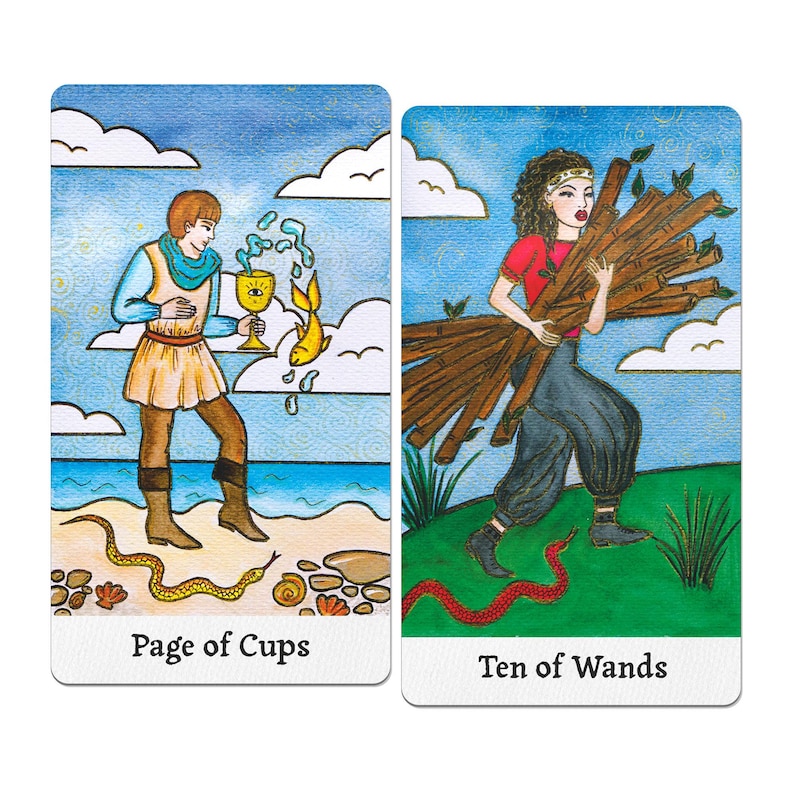 May include: Two tarot cards: "Page of Cups" depicts a figure holding a golden cup with fish, and "Ten of Wands" shows a person carrying wood. Both cards feature detailed illustrations with vibrant colors and text.