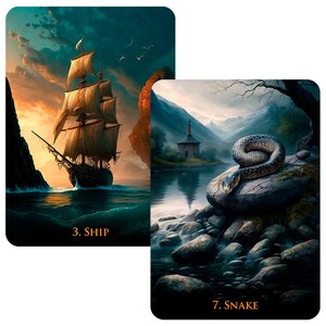 May include: Two tarot cards with rounded corners. One depicts a tall ship sailing on a stormy sea, with the text "3. SHIP". The other shows a snake coiled on a rock near a lake, with the text "7. SNAKE".