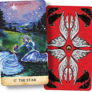 May include: Two tarot cards. The front of the first card features a woman pouring water into a pool under a starry sky, with the text "17. THE STAR." The back of the second card is red with white wings, an eye, and black birds.