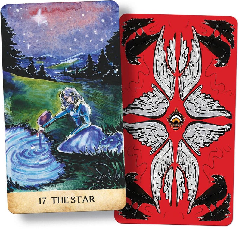 May include: Two tarot cards. The front of the first card features a woman pouring water into a pool under a starry sky, with the text "17. THE STAR." The back of the second card is red with white wings, an eye, and black birds.