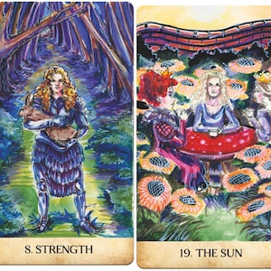 May include: Two tarot cards. The first card, "8. STRENGTH," depicts a woman holding a rabbit in a forest. The second card, "19. THE SUN," shows figures seated around a mushroom table in a field of sunflowers.