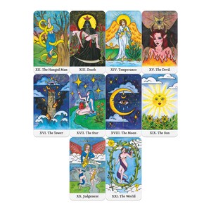 May include: A set of tarot cards featuring colorful illustrations. Each card displays unique artwork and the card's title. The cards include images of The Hanged Man, Death, Temperance, The Devil, The Tower, The Star, The Moon, The Sun, Judgement, and The World.