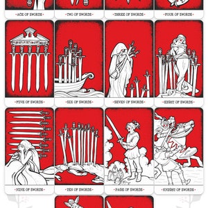 Puede incluir: Un conjunto de 14 cartas de tarot que representan el palo de espadas. Cada carta presenta un fondo rojo con ilustraciones en blanco y negro. Las cartas est&aacute;n etiquetadas con el nombre de la carta, como "As de Espadas" y "Reina de Espadas".