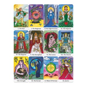 May include: A deck of tarot cards featuring colorful illustrations of figures and symbols. Each card has a title, such as "The Fool," "The Magician," and "The Lovers." The artwork includes vibrant colors and intricate details.