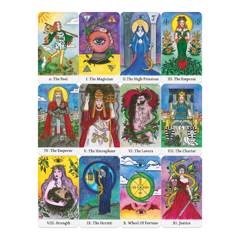 May include: A deck of tarot cards featuring colorful illustrations of figures and symbols. Each card has a title, such as "The Fool," "The Magician," and "The Lovers." The artwork includes vibrant colors and intricate details.