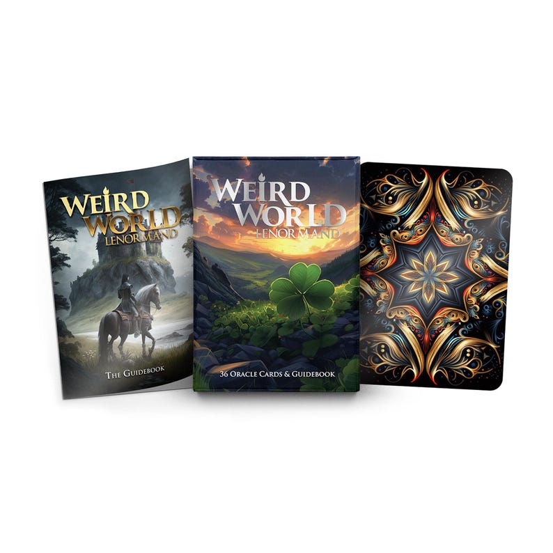May include: Three items: a guidebook and two card decks. The guidebook cover features a rider on a horse with the text "Weird World Lenormand." The card decks have the same title. One deck has a four-leaf clover, and the other has a floral design.