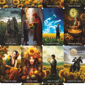 May include: A tarot card deck featuring the "Coins" suit, with illustrations of people in fields of sunflowers. Each card depicts a different scene, with titles like "Ace of Coins" and "King of Coins". The cards have a fantasy art style.
