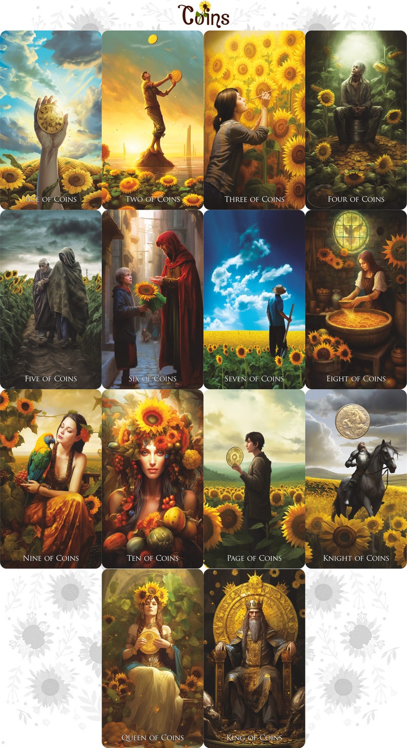 May include: A tarot card deck featuring the "Coins" suit, with illustrations of people in fields of sunflowers. Each card depicts a different scene, with titles like "Ace of Coins" and "King of Coins". The cards have a fantasy art style.