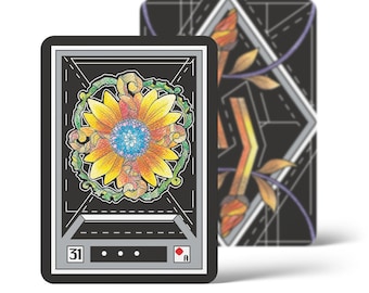 May include: A black playing card with a sunflower design in the center. The card is numbered 31 and has a red ace of diamonds in the bottom right corner.
