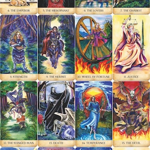 May include: A deck of Major Arcana tarot cards, each featuring detailed illustrations. The cards depict figures and scenes such as The Fool, The Magician, The High Priestess, and The Empress. The cards are in a vertical arrangement.