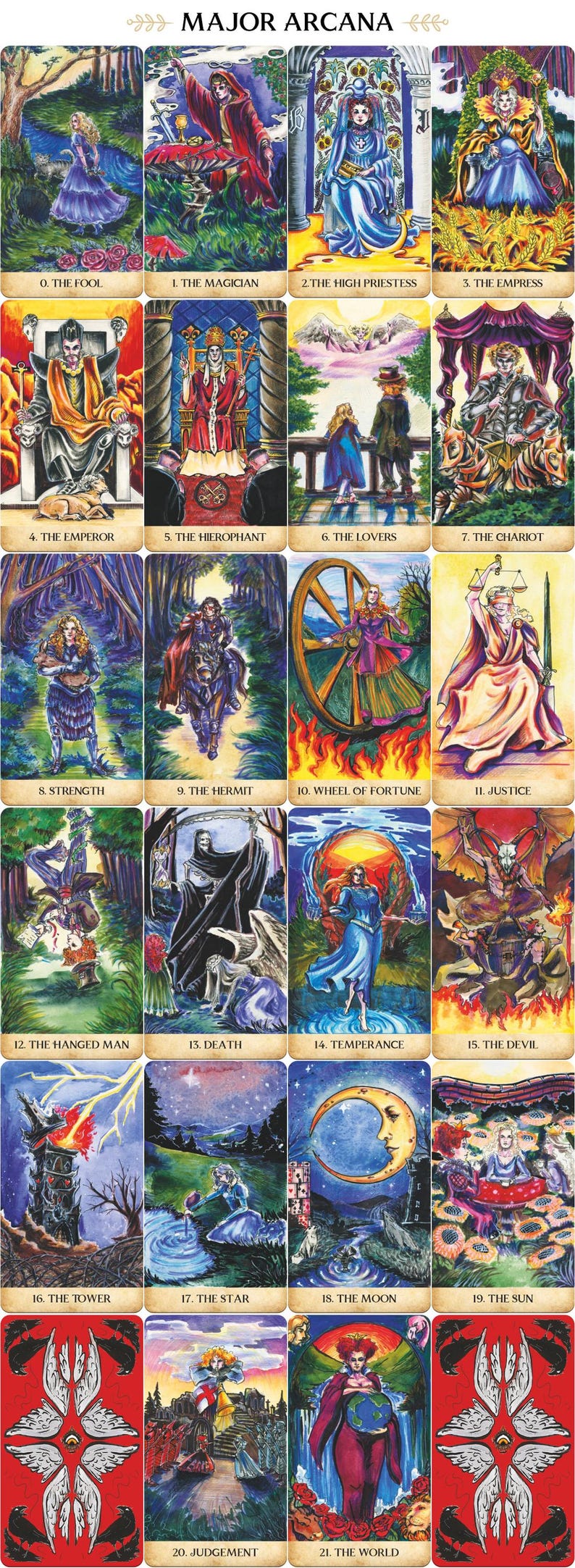 May include: A deck of Major Arcana tarot cards, each featuring detailed illustrations. The cards depict figures and scenes such as The Fool, The Magician, The High Priestess, and The Empress. The cards are in a vertical arrangement.