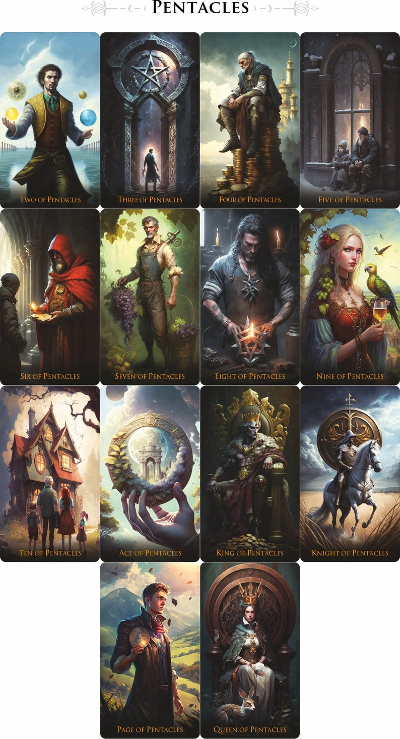 Puede incluir: Baraja de tarot que presenta el palo de Pent&aacute;culos. Cada carta representa una escena diferente con una persona y un s&iacute;mbolo. Las cartas est&aacute;n dispuestas en una cuadr&iacute;cula con el nombre del palo en la parte superior.