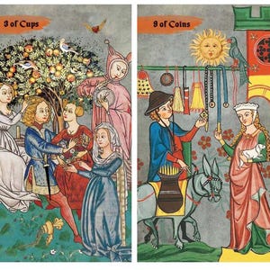 May include: Two tarot card illustrations. The left card, "3 of Cups," depicts figures near a fruit tree. The right card, "9 of Coins," shows a person with a donkey and another holding a lamb. Both cards have medieval-style art.