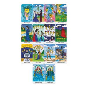 May include: A set of tarot cards featuring colorful illustrations. Each card has a unique design with images of people, cups, and other symbolic elements. The cards are labeled with titles such as "Ace of Cups" and "King of Cups".