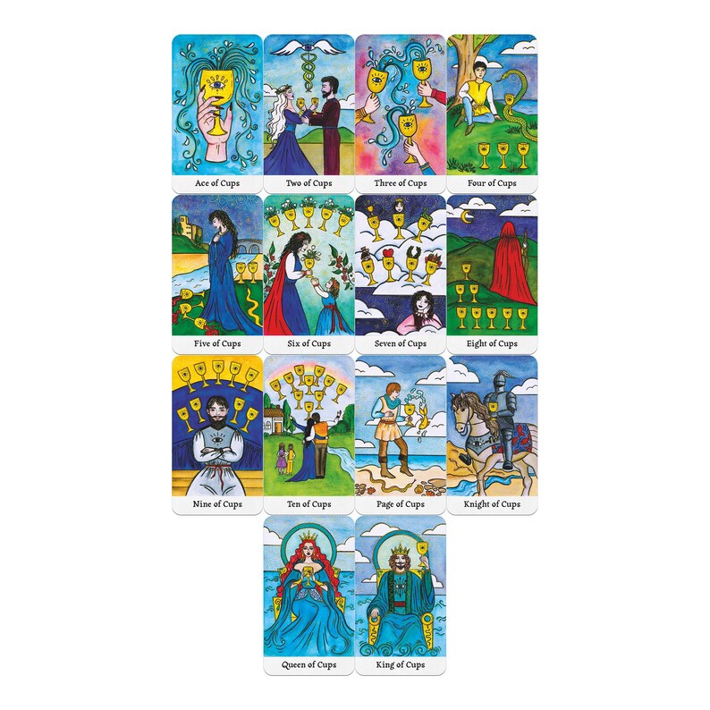 May include: A set of tarot cards featuring colorful illustrations. Each card has a unique design with images of people, cups, and other symbolic elements. The cards are labeled with titles such as "Ace of Cups" and "King of Cups".