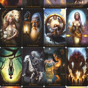 Puede incluir: Un conjunto de 22 cartas de tarot con ilustraciones coloridas de varios personajes y s&iacute;mbolos. Las cartas est&aacute;n dispuestas en una cuadr&iacute;cula, con cada carta etiquetada con su n&uacute;mero y nombre correspondiente. Las cartas son parte del Arcano Mayor, que es un conjunto de 22 cartas en la baraja del tarot.