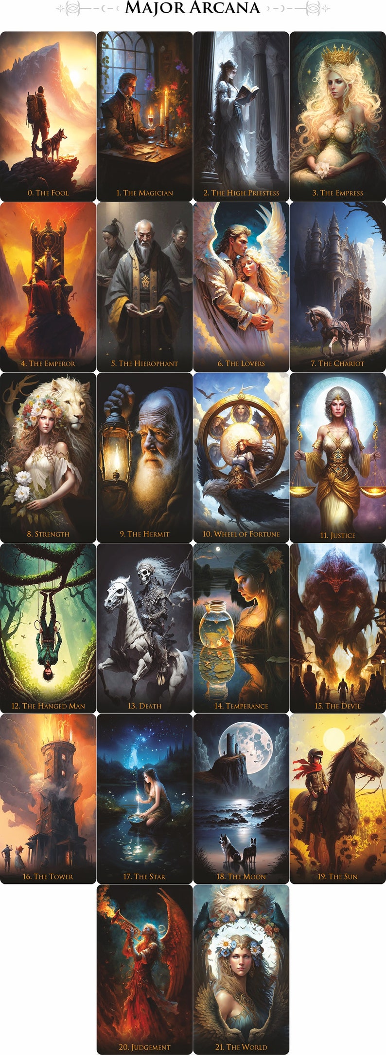 Puede incluir: Un conjunto de 22 cartas de tarot con ilustraciones coloridas de varios personajes y s&iacute;mbolos. Las cartas est&aacute;n dispuestas en una cuadr&iacute;cula, con cada carta etiquetada con su n&uacute;mero y nombre correspondiente. Las cartas son parte del Arcano Mayor, que es un conjunto de 22 cartas en la baraja del tarot.