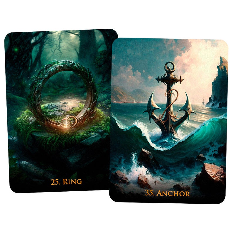 May include: Two tarot cards featuring fantasy art. One card shows a ring in a forest setting with the text "25. RING". The other card depicts an anchor in the ocean with the text "35. ANCHOR". The cards have rounded corners.