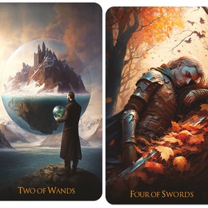 Puede incluir: Dos cartas de tarot, "Dos de Bastos" y "Cuatro de Espadas". La carta Dos de Bastos representa a un hombre sosteniendo un globo terr&aacute;queo frente a un gran orbe de vidrio que contiene una cordillera y una ciudad. La carta Cuatro de Espadas muestra a un hombre con armadura descansando en un bosque con hojas ca&iacute;das.