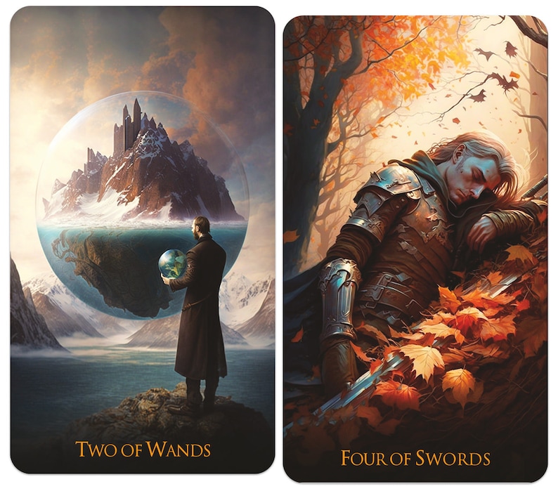 Puede incluir: Dos cartas de tarot, "Dos de Bastos" y "Cuatro de Espadas". La carta Dos de Bastos representa a un hombre sosteniendo un globo terr&aacute;queo frente a un gran orbe de vidrio que contiene una cordillera y una ciudad. La carta Cuatro de Espadas muestra a un hombre con armadura descansando en un bosque con hojas ca&iacute;das.