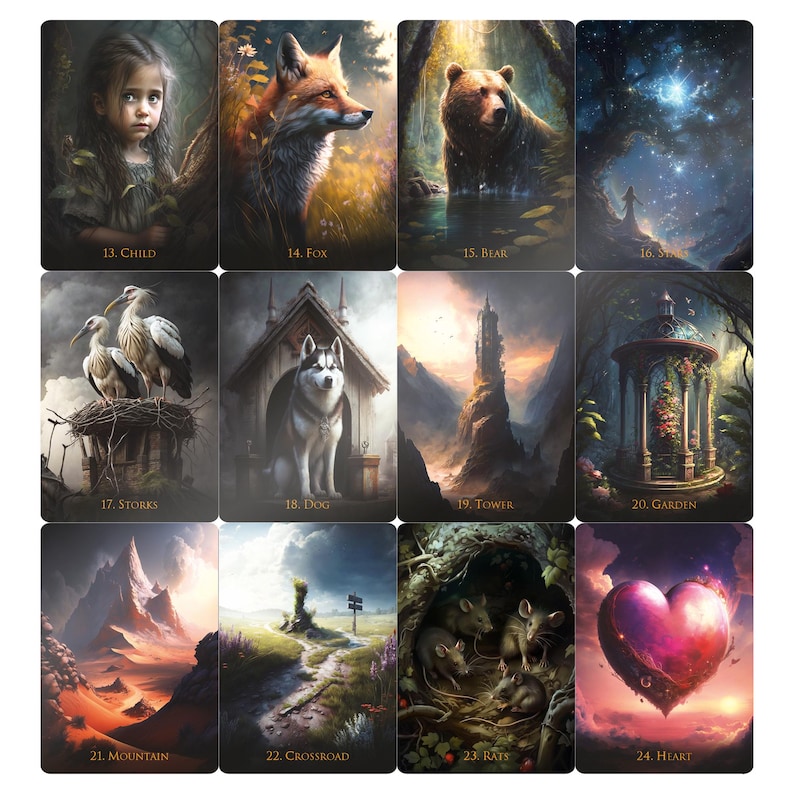 May include: A set of twelve tarot cards featuring fantasy art. Each card has a unique illustration, including a child, fox, bear, storks, dog, tower, garden, mountain, crossroads, rats, and a heart. The cards are numbered and labeled.