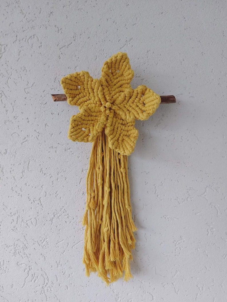 Нandmade Yellow macrame flower wall hanging Boho Floral wall decor Small Nursery decor for girl Home decor wall art Cottagecore decor room image 2