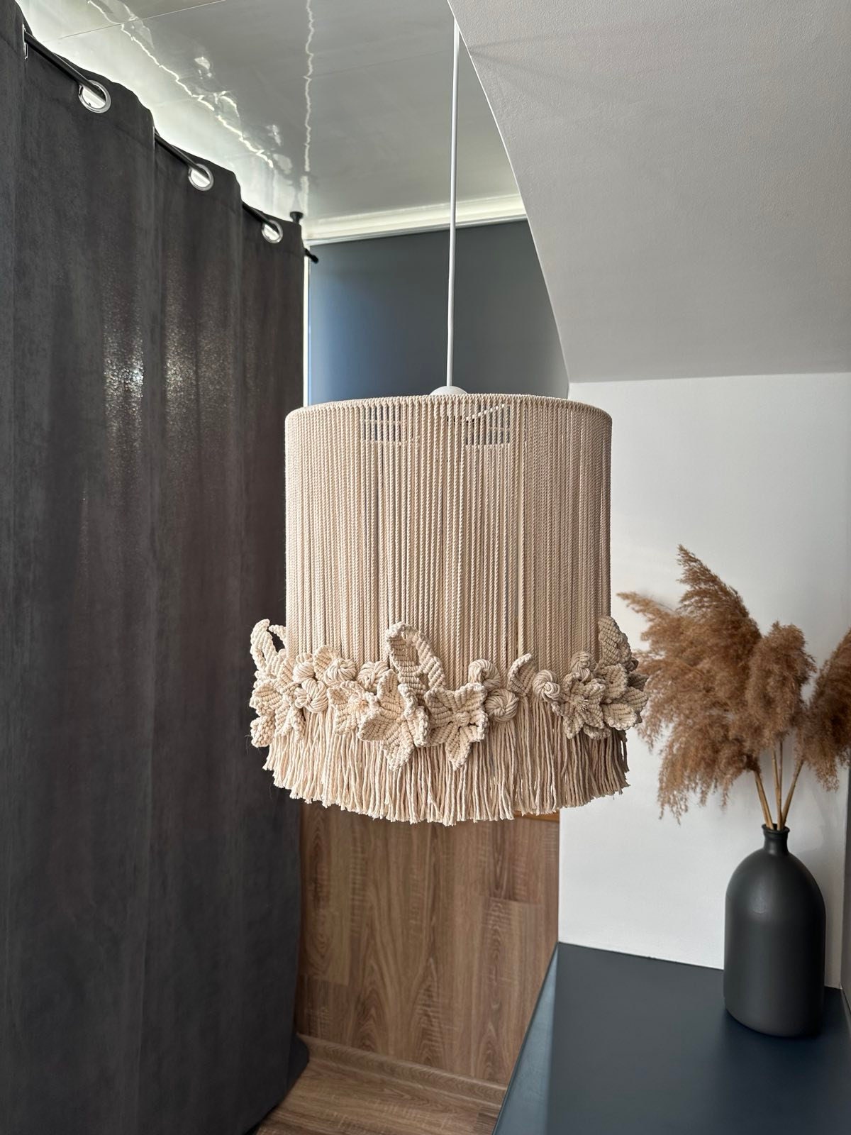 Ivory flowers fringe macrame pendant lamp shade Nursery Boho chandelier lighting Cottagecore decor Floral lamp Woven ceiling light fixture