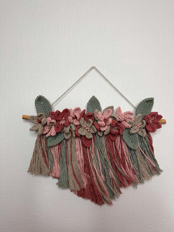 Floral Macrame Wall Hanging: Pink Flower Terracotta Decor