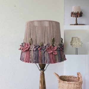 Flowers macrame fringe lampshade Beige boho chandelier lighting floor lamp Сolorful handmade table unusual lamp shade Cottagecore decor
