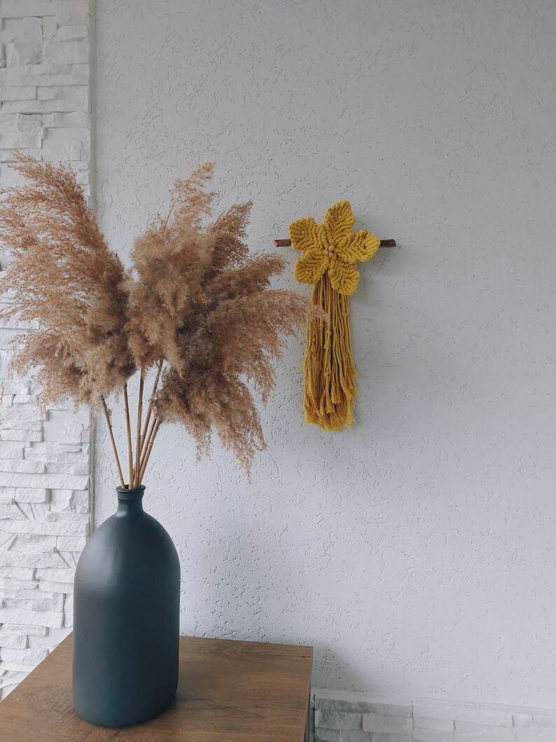 Нandmade Yellow macrame flower wall hanging Boho Floral wall decor Small Nursery decor for girl Home decor wall art Cottagecore decor room image 9