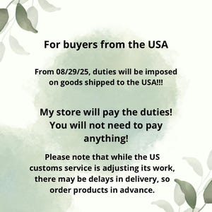 May include: Text on a light green background states: "For buyers from the USA. From 08/29/25, duties will be imposed on goods shipped to the USA!!! My store will pay the duties! You will not need to pay anything!" Additional text advises of potential delivery delays.