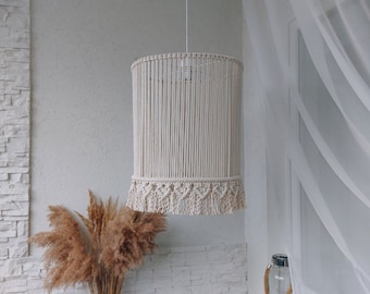 Minimalistic Large Macrame Pendant lamp shade Modern Boho chandelier lighting Fringe lampshade Cottagecore decor Ceiling lights cover